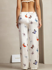 19Momme Silk White Butterfly Print Wide Leg Women's Pants With Side Pockets Design
