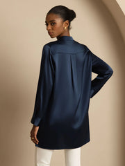 19Momme Silk Women’s Stand Collar High-Low Blouse With Button Detail