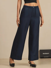 Pure Silk Women’s High Waist Full Length Elastic Waist Pants With Pockets