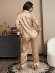 Women's Pure Silk Geometric Print Long Sleeve Pajamas Set With Pants