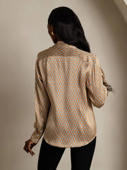 19Momme Silk Geometric Print Long Sleeve Lapel Collar Women's Shirt