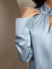 19Momme Silk Keyhole Neck Blouse with Pearl Buttons