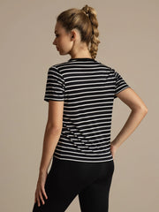 Pure Silk Short Sleeve Round Neck Women's Stripe Sport T-shirt