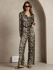 19Momme Women's Silk Leopard Print Button-Up Shirt & Wide-Leg Pants Set