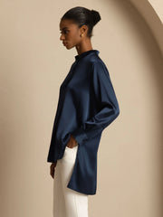 19Momme Silk Women’s Stand Collar High-Low Blouse With Button Detail