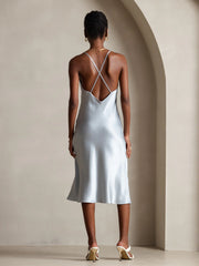 Pure Silk Spaghetti Strap V Neck Midi Dress with Criss Cross Back Design