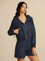 Pure Silk Women's Cropped Hooded Jacket With Pockets