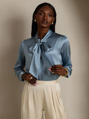 19Momme Silk Long Sleeve Tie Neck Blouse