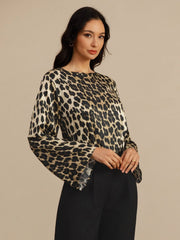 19Momme Silk Women’s Leopard Print Boat Neck Long Sleeve Blouse