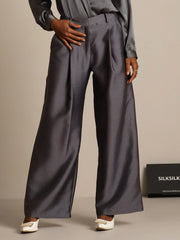 32Momme Silk-Wool Blend High Waist Wide Leg Women's Pants with Side Pockets Design