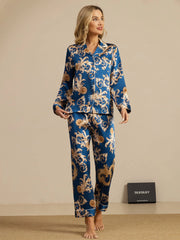 Pure Silk Dragon Print Long Sleeve Notch Collar Women's Pajamas Set With Pants