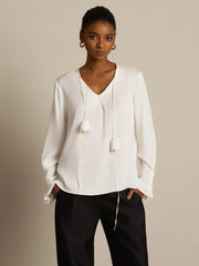 19Momme Silk Women's V Neck Long Sleeve Blouse With 3D Rose Detail