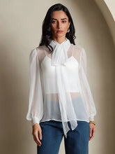 Pure Silk Chiffon Women's Lantern Sleeve Tie Neck Sheer Blouse