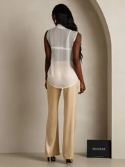 Pure Silk Chiffon Women's Sleeveless Tie Neck Sheer Blouse