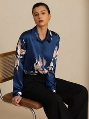 19Momme Pure Silk Long Sleeve Lapel Collar Women's Crane Print Button Blouse