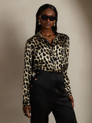 19Momme Silk Leopard Print Long Sleeve Lapel Collar Women's Shirt