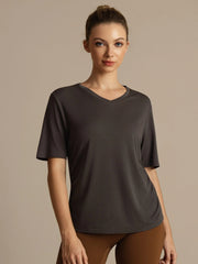 Pure Silk V-Neck Women's Half Sleeve Sport T-Shirt