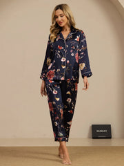 Women's Pure Silk Navy Floral Print Long Sleeve Notch Collar Button Up Pajamas Set