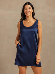19Momme Washable Silk Sleeveless U Neck Short Nightgown with Side Pocket Design