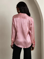 19Momme Silk Stripe Print Long Sleeve Lapel Collar Women's Shirt