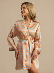 Pure Silk Women’s Long Sleeve Heart Geo Printed Short Belted Robe