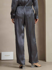 19Momme Silk Navy Ginkgo Print Wide Leg Women's Pants With Side Pockets Design