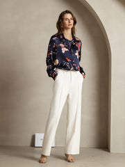 19Momme Silk Navy Floral Print Long Sleeve Lapel Collar Women's Shirt