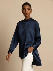 19Momme Silk Women’s Stand Collar High-Low Blouse With Button Detail