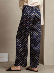 19Momme Silk Navy Chain Print Wide Leg Women's Pants With Side Pockets Design