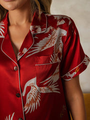 19Momme Women's Pure Silk Crane Print Short Sleeve Pajamas Set