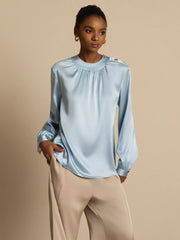 19Momme Silk Women’s Gathered Neck Long Sleeve Blouse