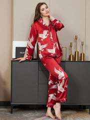 19Momme Women's Pure Silk Crane Print Long Sleeve Notch Collar Pajamas Set