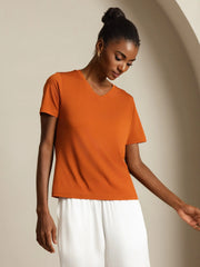 Pure Silk V Neck Short-Sleeve Snag-Resistant Women's T-Shirt