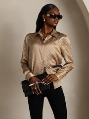 19Momme Silk Geometric Print Long Sleeve Lapel Collar Women's Shirt