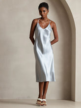 Pure Silk Spaghetti Strap V Neck Midi Dress with Criss Cross Back Design