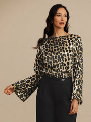 19Momme Silk Women’s Leopard Print Boat Neck Long Sleeve Blouse