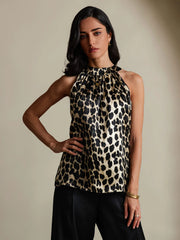 19Momme Silk Leopard Print Sleeveless Halter Neck Women's Top
