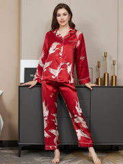19Momme Women's Pure Silk Crane Print Long Sleeve Notch Collar Pajamas Set