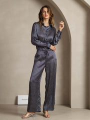 19Momme Silk Navy Ginkgo Print Wide Leg Women's Pants With Side Pockets Design