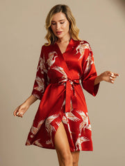 19Momme Pure Silk Crane Print Belted Wrap Women's Kimono Robe
