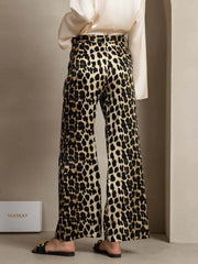 19Momme Silk Leopard Print Straight Leg Women's Pants With Side Pockets Design