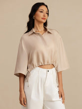 Pure Silk Women's Half Sleeve Cropped Blouse With Drawstring Hem
