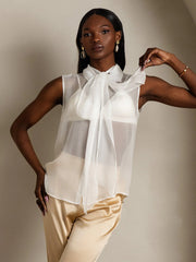 Pure Silk Chiffon Women's Sleeveless Tie Neck Sheer Blouse