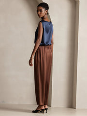 Women's 22Momme Silk High Waist Wide Leg Tapered Pleated Cropped Pants