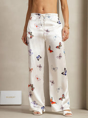 19Momme Silk White Butterfly Print Wide Leg Women's Pants With Side Pockets Design