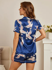 19Momme Pure Silk Crane Print Short Sleeve Notch Collar Women's Pajamas Set