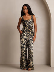 Women's Pure Silk Leopard Print U-Neck Tank Top & Wide Leg Pants Set