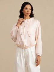 Pure Silk Women's Short Hooded Jacket With Pockets