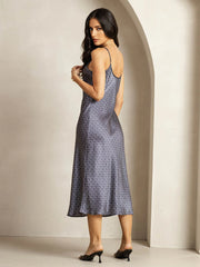 19Momme Silk Navy Ginkgo Print V Neck Adjustable Strap Midi Dress