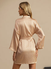 Pure Silk Women’s Long Sleeve Heart Geo Printed Short Belted Robe